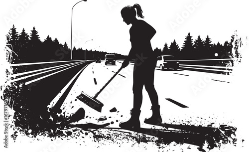 Silhouette of woman sweeping road debris, safety and urban sanit