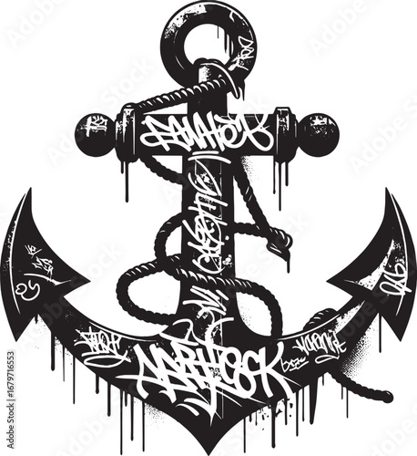 Detailed black and white anchor illustration with graffiti art, a symbol of resilience and stability