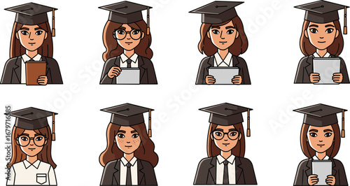 Graduating young women hold degrees, wear caps. Celebration, achievement, education, diploma, graduation, students.