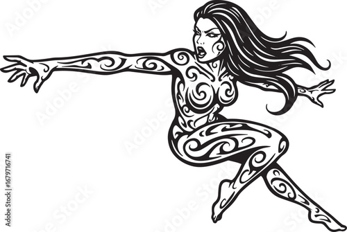 Abstract empowered woman illustration with tribal tattoos in mon