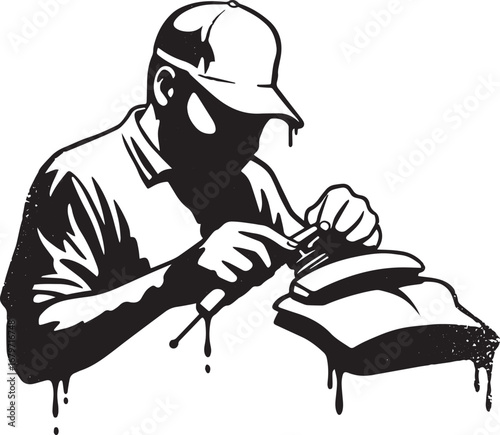 Black and white graphic of a man polishing an object with meticu