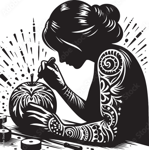 Artistic Illustration of a Woman Carving an Apple with Intricate Designs, Black and White