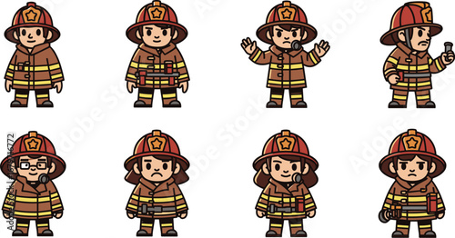 Cartoon firefighters stand in a row. Emergency service, safety, rescue, protection, heroes, profession, uniform