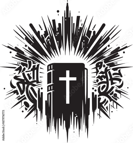 A symbolic illustration of a bible with a cross surrounded by abstract graffiti and an urban