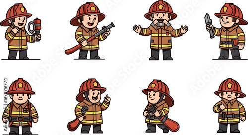 Cartoon firefighters in various poses. Emergency service, safety, occupation, heroism, profession, rescue, equipment, duty, job, fire fighting, uniform, service.