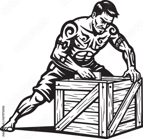 Muscular man with tribal tattoos building a wooden crate with ca