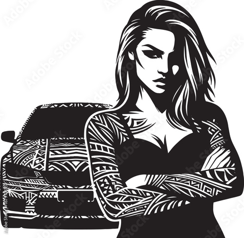 A striking black and white image featuring a woman, car and detailed tribal tattoo art
