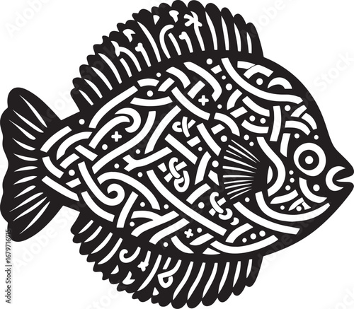 Intricate Black and White Fish Illustration with Celtic Knotwork Design for Artistic Purposes