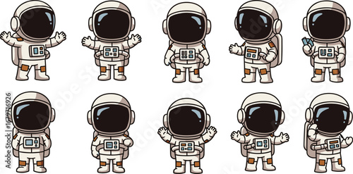 Cute astronaut character designs in space suits. Cosmonaut, spaceman, cartoon, exploration, space, future, science, technology, fun, childhood.