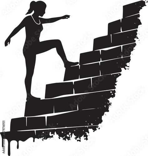 Silhouette of a determined woman scaling abstract brick stairs t