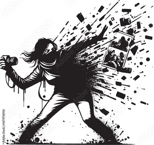 Artistic depiction of a photographer throwing photos with dynamic paint splatter effects