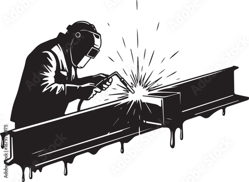 Monochrome depiction of a welder joining metal beams with bright