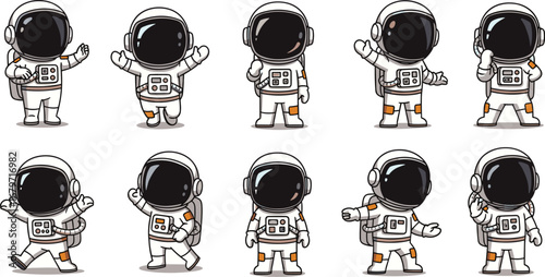 Cartoon astronauts in various poses on white. Spaceman vector set, cute illustration, kids space exploration, astronomy, science, character design elements.