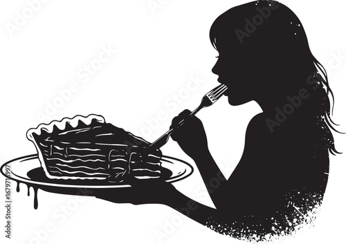 Silhouette of a woman enjoying a slice of pie with fork in black