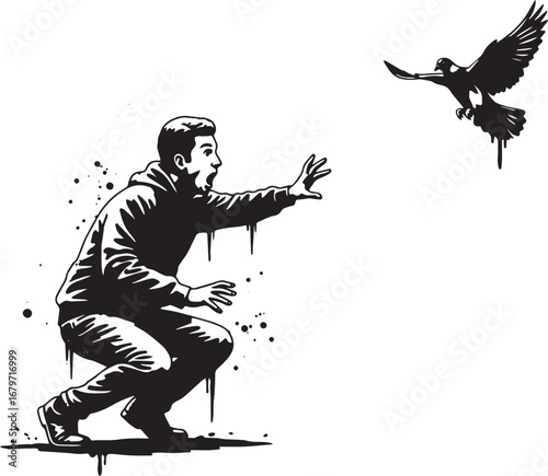 Graphic black and white illustration of a man reacting to a flyi