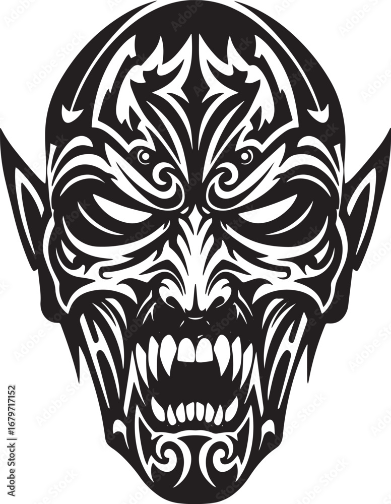 Obraz premium Ornate tribal demon face illustration in black and white on an i
