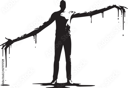 Silhouette of a man with disproportionately long arms and drippi