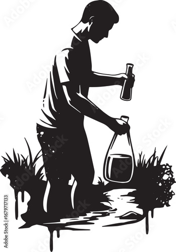 Silhouette of a man gathering water samples in a marshy area for