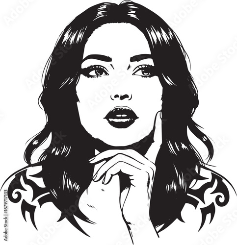 Contemplative beauty: A stylish black and white vector portrait