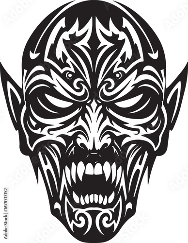 Ornate tribal demon face illustration in black and white on an i