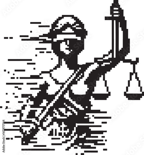 Pixelated Justice: A Black and White Digital Illustration of Lady Justice with Scale and Sword