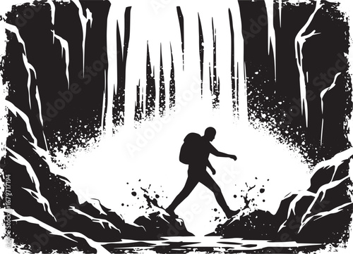 Monochrome adventure: A lone explorer crossing a rocky stream, g
