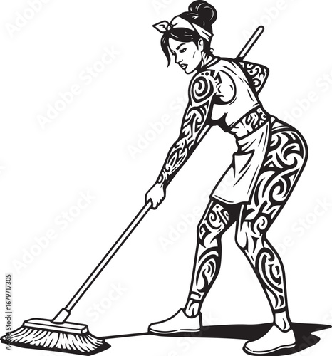 Tattooed cleaning lady sweeps with focused determination monochr