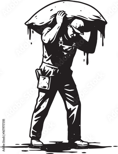 Monochrome illustration featuring a man carrying a heavy sack on