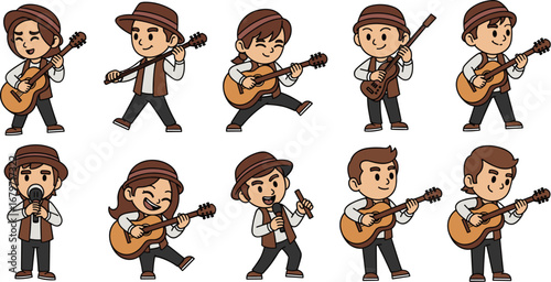 Cartoon musicians perform and sing. Music band, musical, entertainment, performance, concert, instrument, guitar, singer, happy, fun, artist, culture