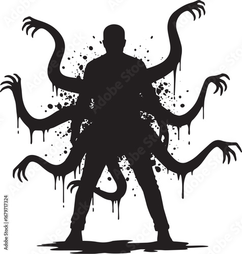 Monochrome silhouette of a mysterious figure with multiple sinis