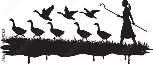 Serene silhouette of a woman tending her flock of geese in monoc