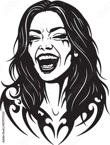 Expressive monochrome portrait of a laughing woman with stylized