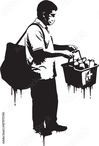 Monochromatic illustration of masked man delivering essential su