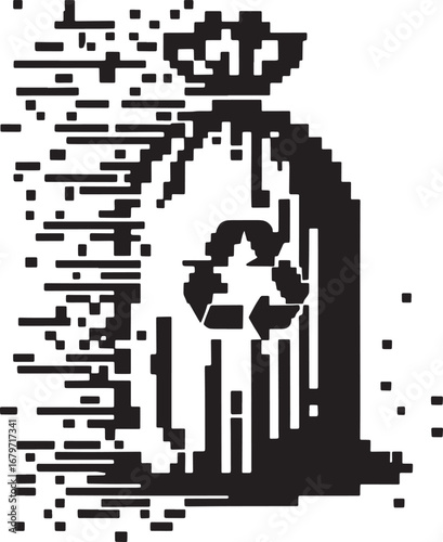 Pixelated vector illustration of a garbage bag with the recycle symbol, environmental concept