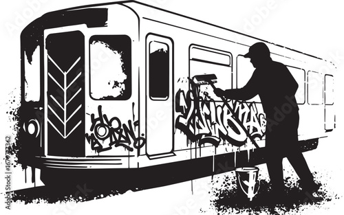 Silhouetted figure cleaning graffiti from subway train in black