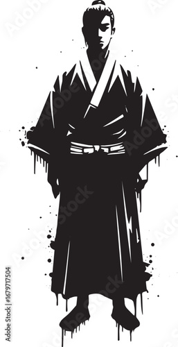 Monochrome depiction of a man wearing traditional Japanese attir