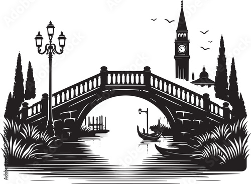 Black and white illustration of Venice with bridge, gondola and clock tower, vector art