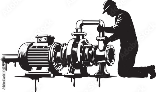 Industrial worker repairing plumbing system, vector illustration