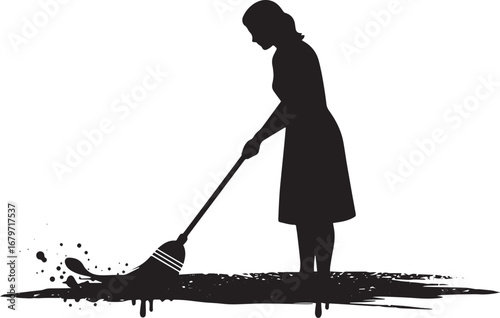 Silhouette of woman sweeping with broom abstract cleaning concep