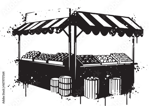 Graphic illustration of an outdoor fruit market stand in black a