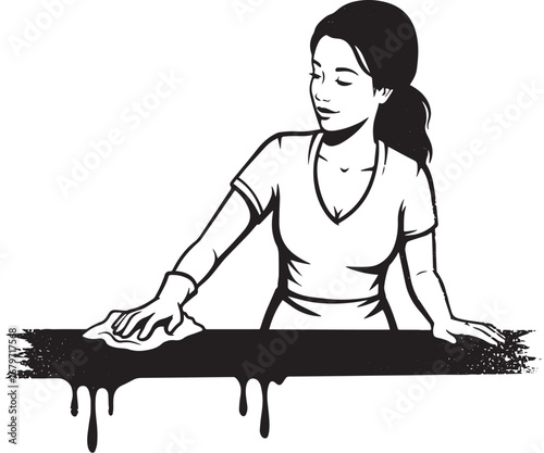Minimalist illustration of a woman wiping a surface with a cloth