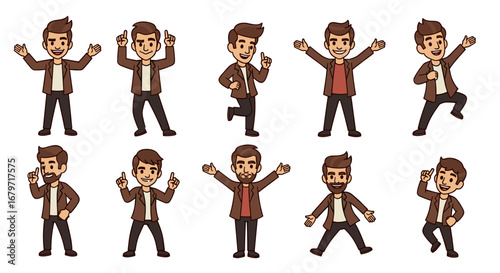 Cartoon man in various poses and expressions. Character design, style, animation, illustration, gesture, emotion, cheerful, diverse, fun, happy.