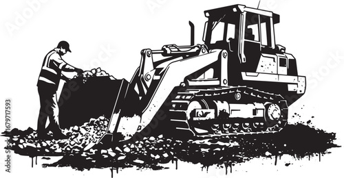 Monochrome illustration featuring a worker and heavy machinery a