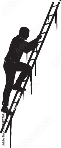 Silhouette of determined man climbing ladder against stark white
