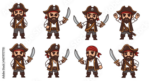 Cartoon pirates in different poses, holding swords. Adventure, character, pirates, sea, ocean, design.