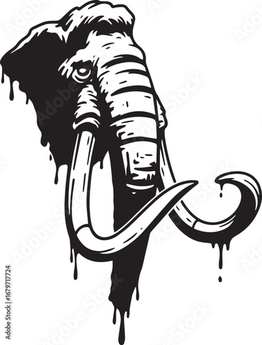 Bold graphic illustration of a mammoth head with stylized drippi