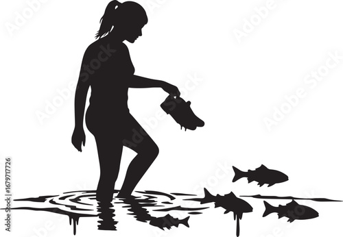Silhouette of a woman wading into water, holding her shoes with