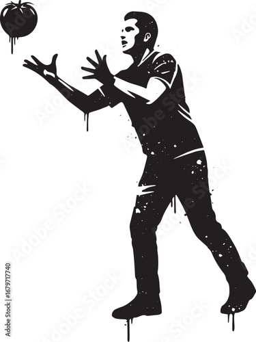 Abstract illustration of a man catching a tomato with cosmic tex