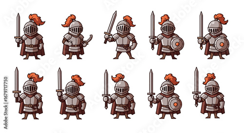 Cartoon knights standing with swords and shields. Fantasy, medieval, warrior, armor, character, game, illustration, graphic, hero, knight