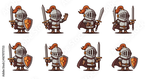 Cartoon knight characters hold swords and shields. Fantasy game asset, armored, warrior, medieval, adventure, combat